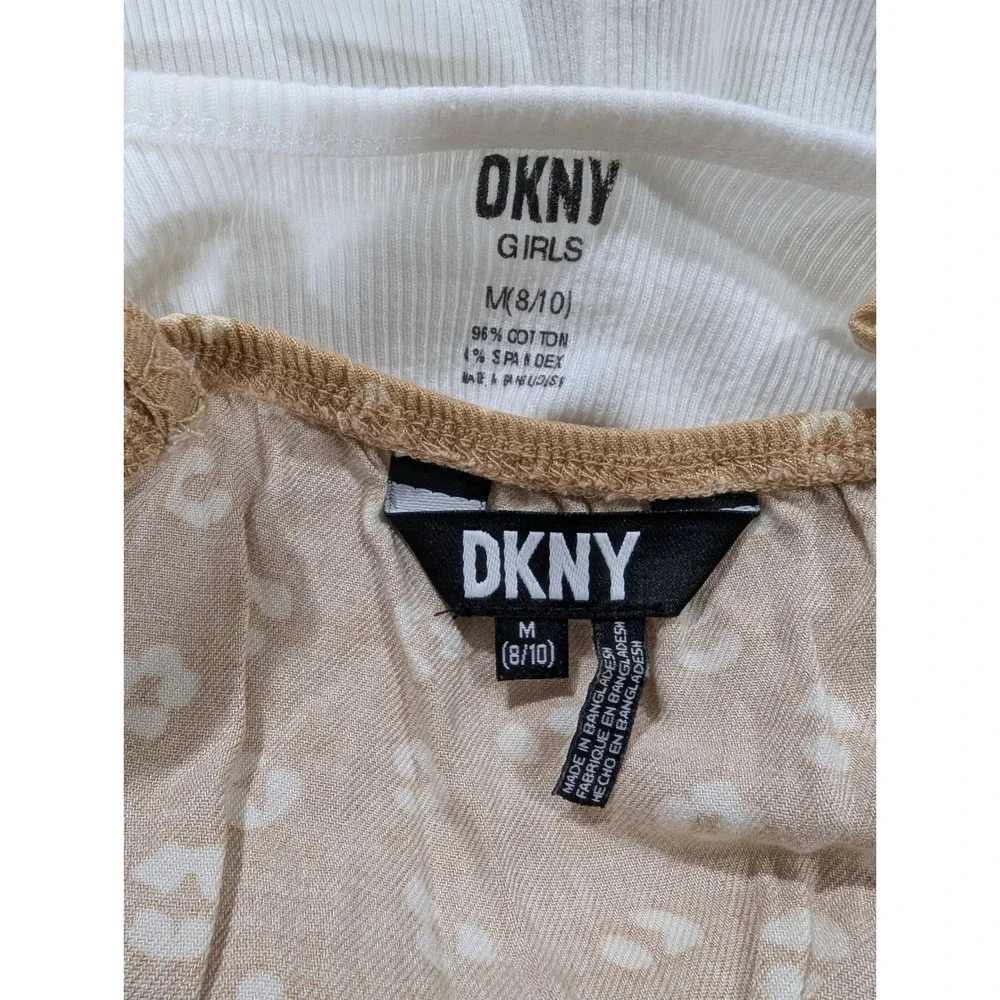 DKNY Girls 2 Piece Outfit Set White Ribbed Tee Tan Floral Print Dress Set M 8 10